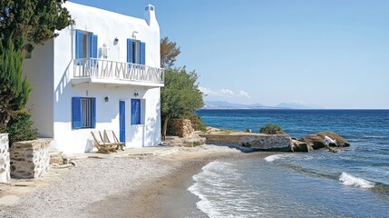 Obraz premium A coastal villa with whitewashed walls, blue shutters, and a sandy beach at its doorstep, with waves gently rolling in, offering a perfect seaside escape