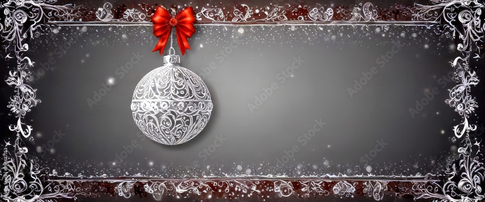 Poster A silver ornament with a red bow hangs against a dark gray background, framed by a decorative border with a repeating pattern of white and red