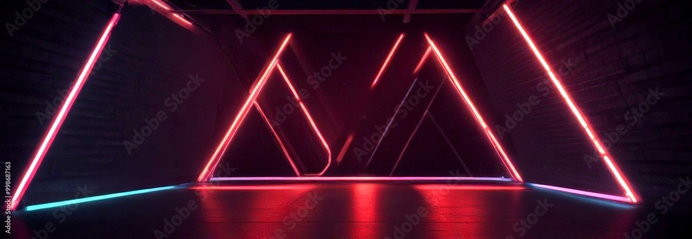 Poster a dark room with a geometric pattern of red and blue neon lights, creating a sense of depth and move