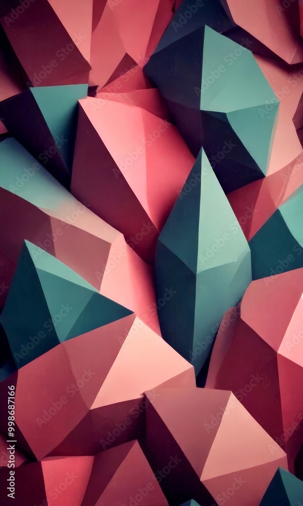Poster a complex arrangement of geometric shapes, predominantly in shades of pink and green, creating a vis
