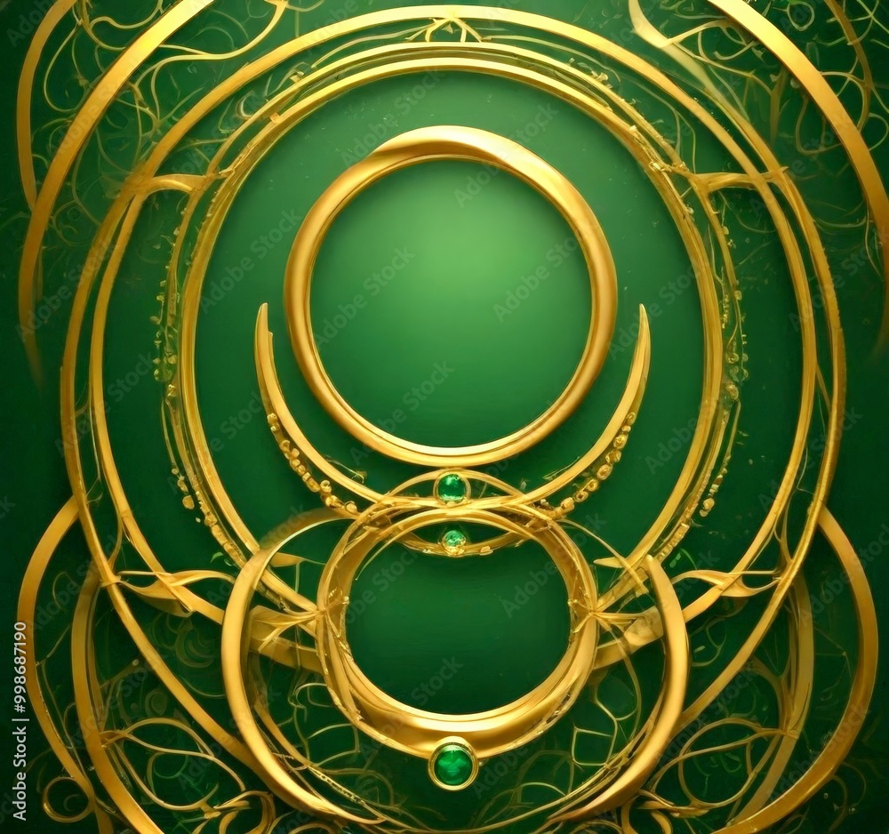 Aufkleber a complex, abstract design with a central circular element surrounded by concentric rings of varying sizes and shapes, all set against a dark green background