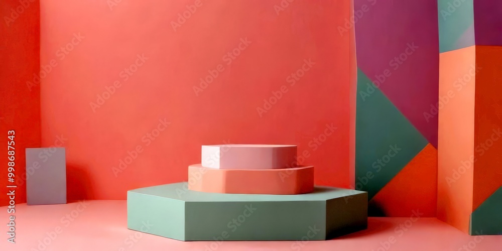 Poster a three-dimensional geometric structure composed of three octagonal platforms in pastel pink, light 