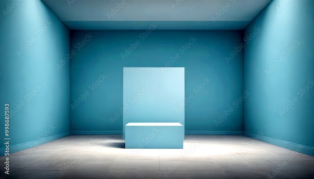 Poster a minimalist room with a white pedestal and a blue wall, illuminated by a single light source on the