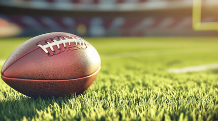A beautifully detailed rugby ball sits on lush grass, inviting players to engage in a spirited match beneath the distant glow of a bustling stadium