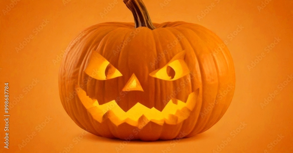 Poster a carved pumpkin with a menacing face, featuring a wide-open mouth, sharp teeth, and a menacing gaze
