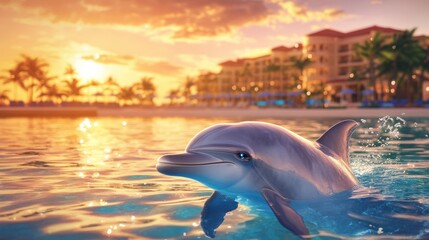 Fototapeta premium A dolphin swimming in serene waters during sunset, with a resort in the background.