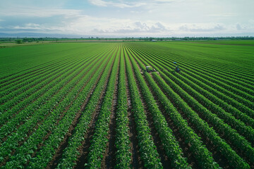 Vast green agricultural field under a cloudy sky, showcasing sustainable farming, crop growth, and modern agricultural techniques