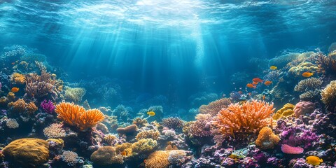 Bright and detailed illustration of an underwater coral reef, perfect for use in environmental conservation campaign or as part of educational materials about ocean conservation and marine ecosystems.