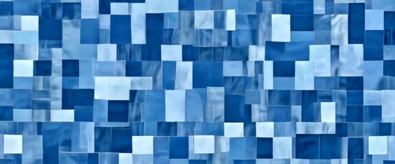 a digital collage composed of numerous small square tiles in various shades of blue, arranged in a grid-like pattern