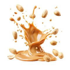 Creamy peanut butter splash with flying peanuts
