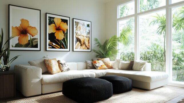 Tropical chic living room with botanical decor for elegant home interiors