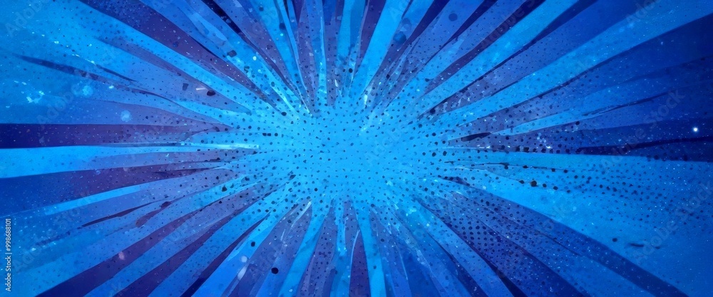 Poster a vibrant blue background with a radial pattern of thin, diagonal lines radiating outwards from the center, creating a sense of depth and movement The lines are dotted with