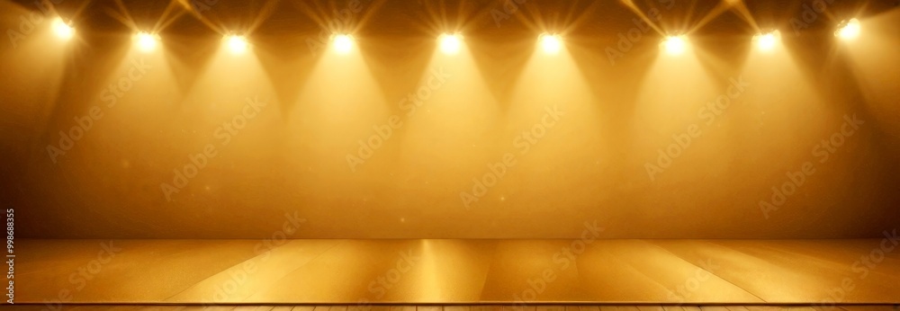 Poster A stage with a wooden floor and a backdrop of warm yellow lights, creating a dramatic and inviting atmosphere