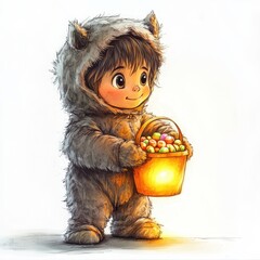 Cute Monster Kid in Furry Suit with Glowing Candy Bucket - Marker Illustration Style