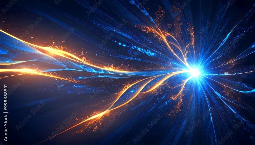 Poster a dynamic, abstract digital artwork featuring a radiant blue and orange burst of energy, with intric