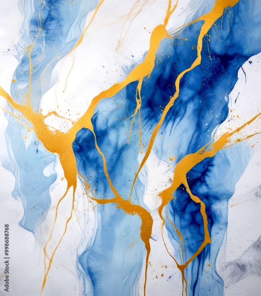 Poster an abstract painting with blue and gold hues, depicting a dynamic and fluid composition the painting