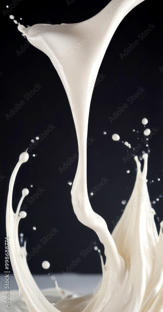 Poster a dynamic close-up white liquid, possibly milk or cream, splashing and swirling against a dark backg