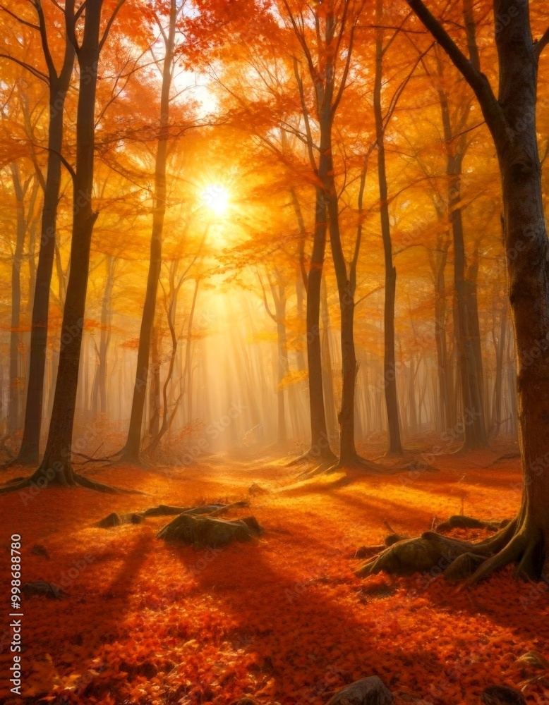 Aufkleber a serene autumn forest scene with sunlight filtering through the trees, casting a warm glow on the f