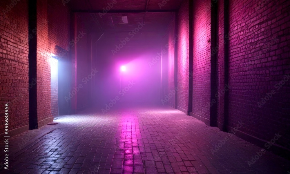 Aufkleber A dimly lit alleyway with brick walls and a single light source casting a purple glow, creating a mysterious and atmospheric scene