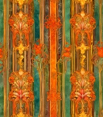 a repeating pattern of ornate floral and leaf-like designs in warm colors, including shades of orange, brown, and green, against a dark background