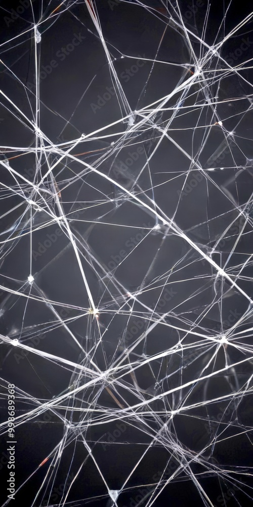 Poster a close-up view complex network of white, thin, and transparent lines and strands, creating a visually striking abstract pattern against a dark background