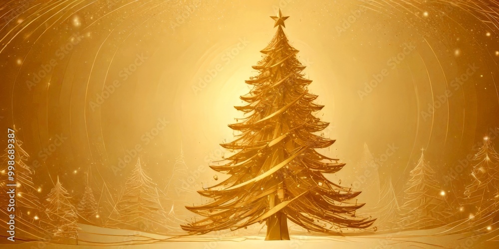 Poster a golden christmas tree stands in a snowy landscape, surrounded by other trees and twinkling lights,