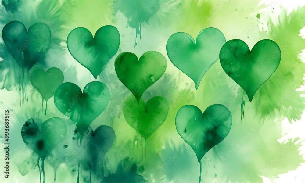 Poster Nine green hearts of varying sizes are scattered across a watercolor background, creating a sense of depth and dimension