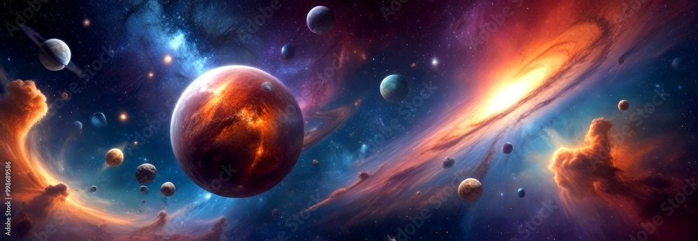 Poster a cosmic scene with planets and stars, including a large orange planet in the center, surrounded by 
