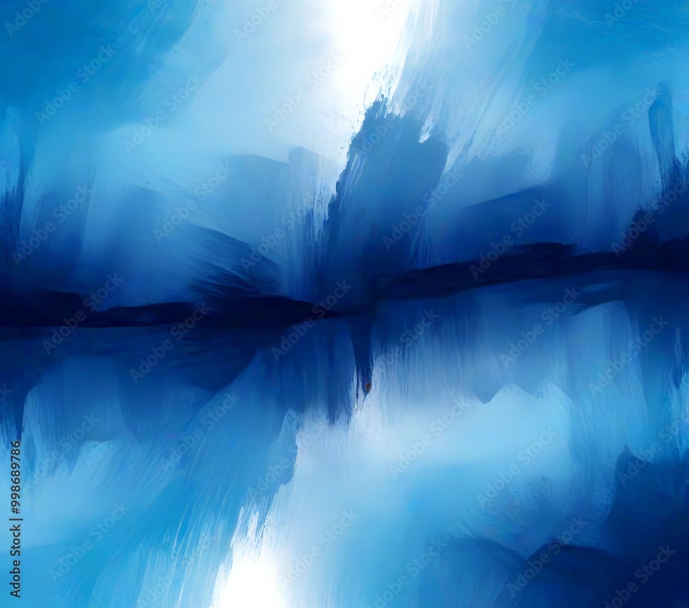 Aufkleber an abstract painting featuring a blue and white color palette, with brushstrokes that create a sense