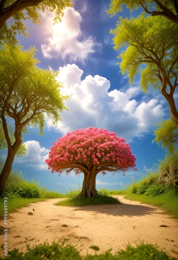 Aufkleber a vibrant pink tree with lush green leaves stands on a dirt path, framed by two trees on either side