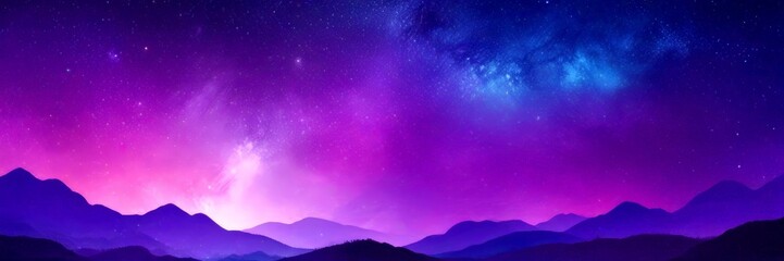 A breathtaking night sky with a starry backdrop, a glowing Milky Way galaxy, and a gradient of purple and blue hues, with silhouetted mountains in the foreground