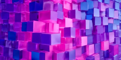 A wall composed of numerous cubes in various shades of pink and purple, creating a visually striking and abstract pattern