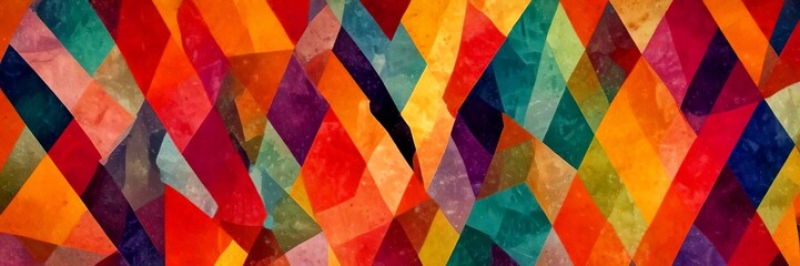 a vibrant abstract pattern composed of overlapping triangles in a variety of bold, warm colors including red, orange, yellow, green, blue, and purple