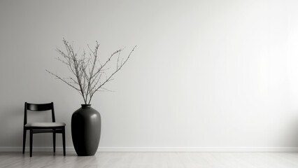 Elegant minimalist interior with black vase and chair on light wood flooring