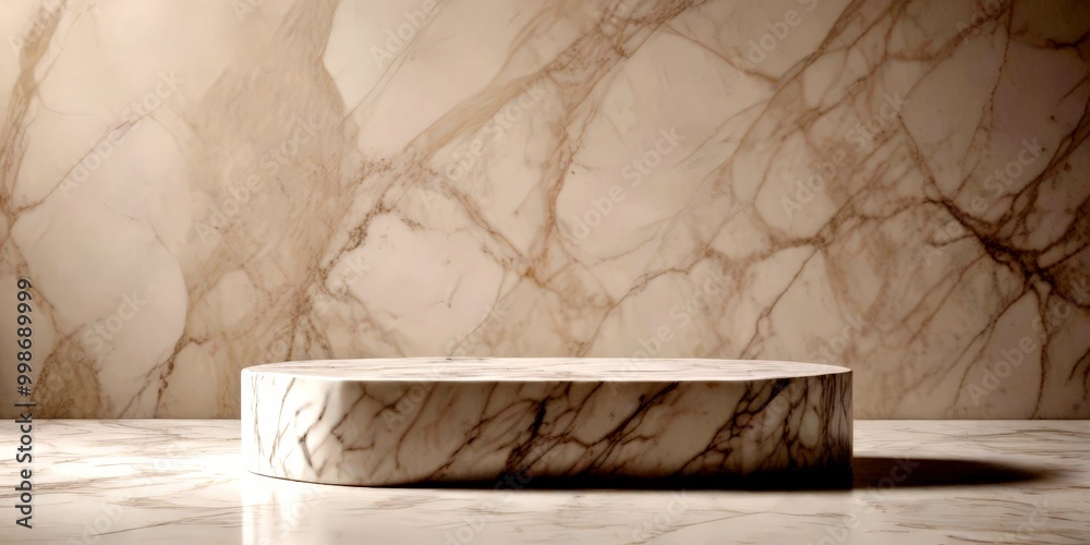 Poster a marble pedestal with a smooth, rounded surface sits on a reflective marble floor, set against a ba