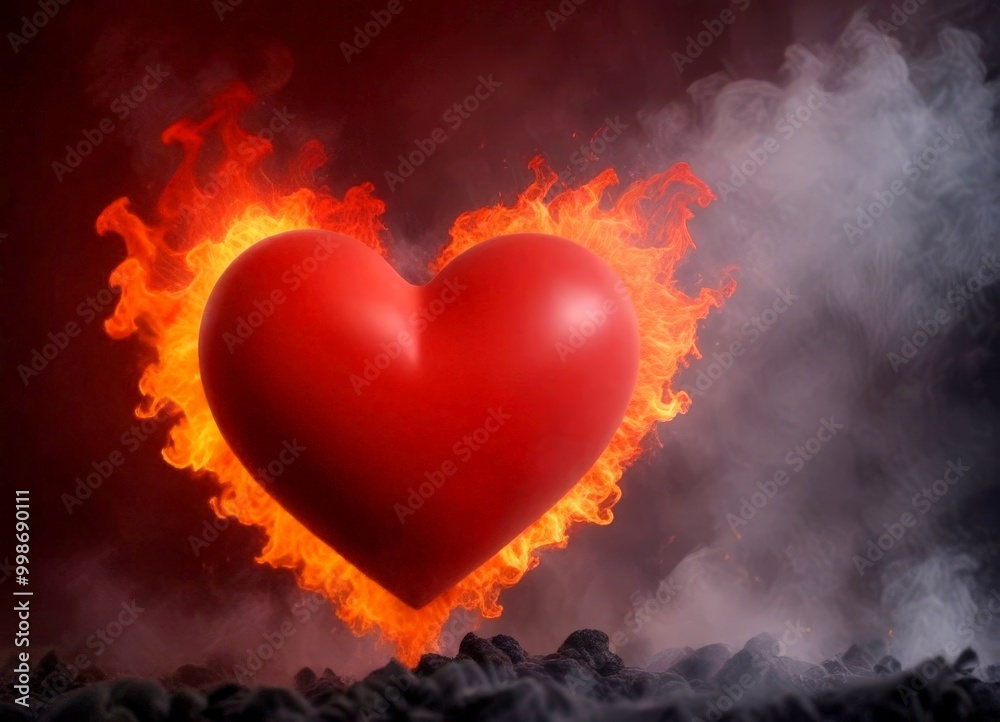 Poster a red heart-shaped object is engulfed in flames, with smoke billowing around it, against a dark back