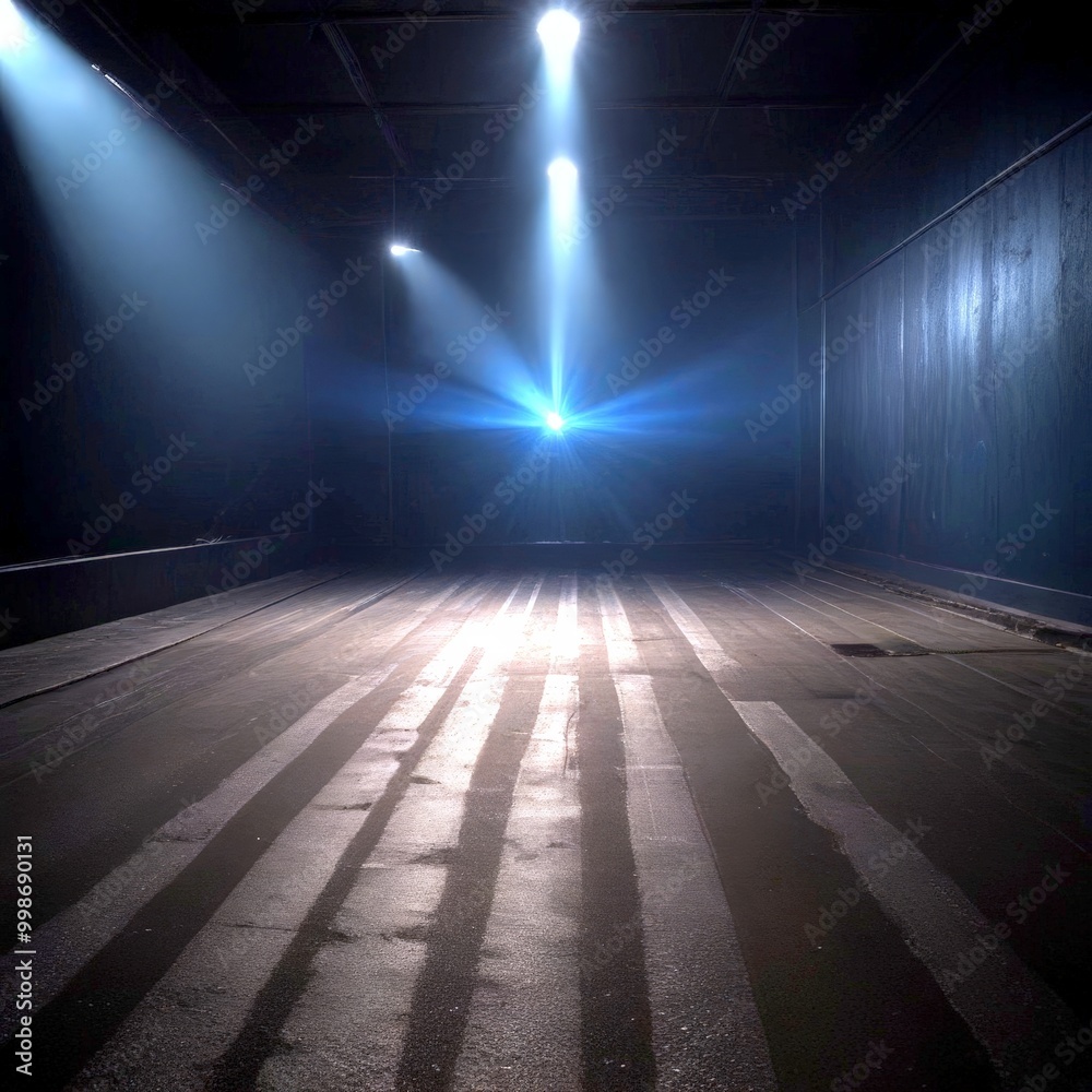 Poster a dimly lit, empty room with a single spotlight shining down on a wooden floor, creating a sense of 