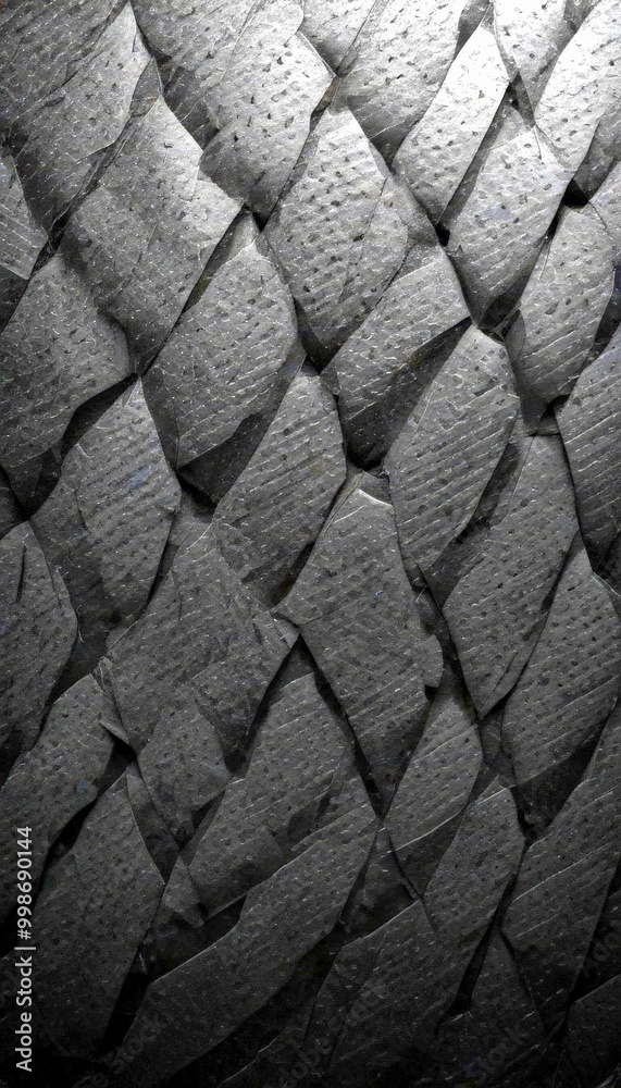 Poster a close-up view textured black surface with a diagonal pattern of irregularly shaped, overlapping tiles or stones