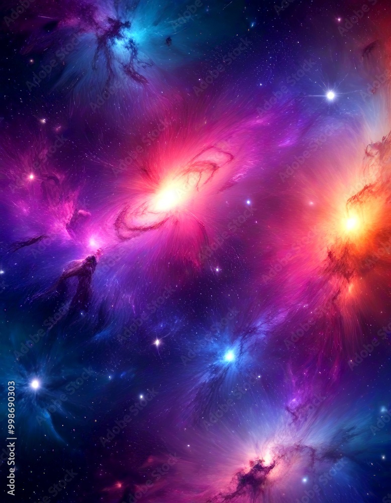 Poster a vibrant cosmic scene, featuring a swirling galaxy with a bright center and a multitude of smaller 