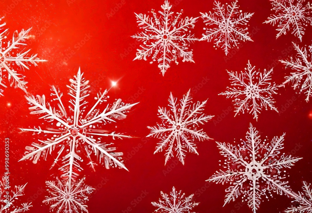 Poster a festive scene of white snowflakes against a deep red background, creating a visually striking and 