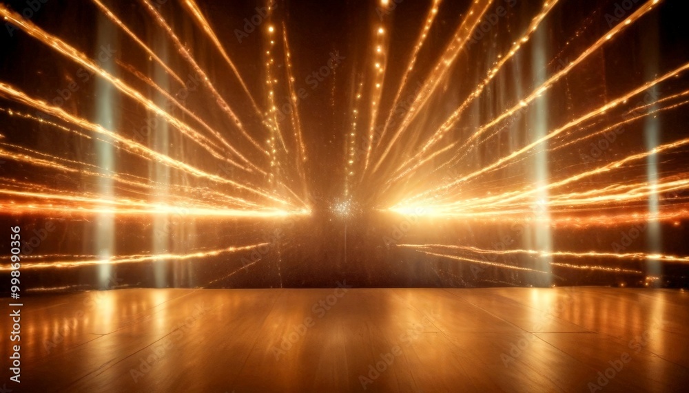 Poster a stage with a wooden floor and a backdrop dark background, illuminated by a series of bright, white lights arranged in a radial pattern