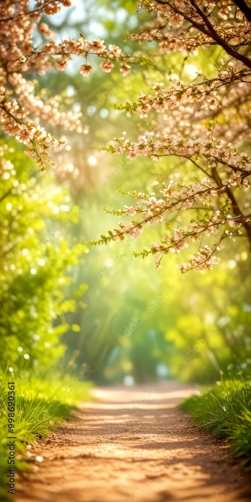 Poster A tranquil path meanders through a lush garden, flanked by trees adorned with delicate pink blossoms, creating a serene and picturesque scene