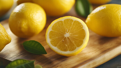 Fresh Lemons on the wooden cutting board with green leaves on white studio background