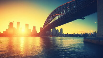 Obraz premium A curved suspension bridge, crossing a calm river with a city skyline in the background, lit by the setting sun