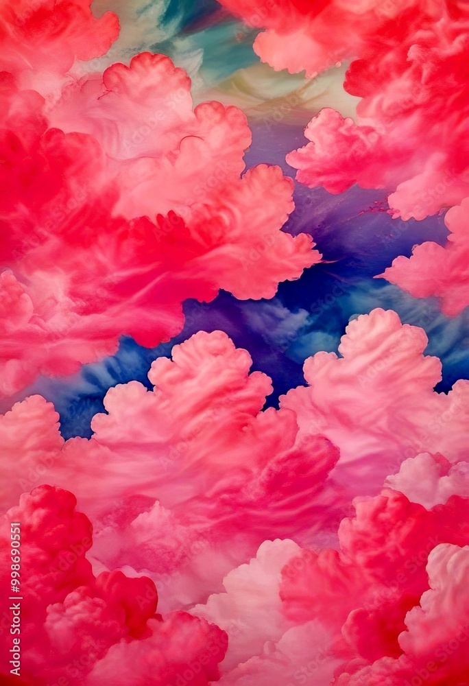 Poster a serene sky filled with fluffy, pink clouds The clouds are scattered across the frame, creating a sense of depth and dimension The sky transitions from a light blue at the