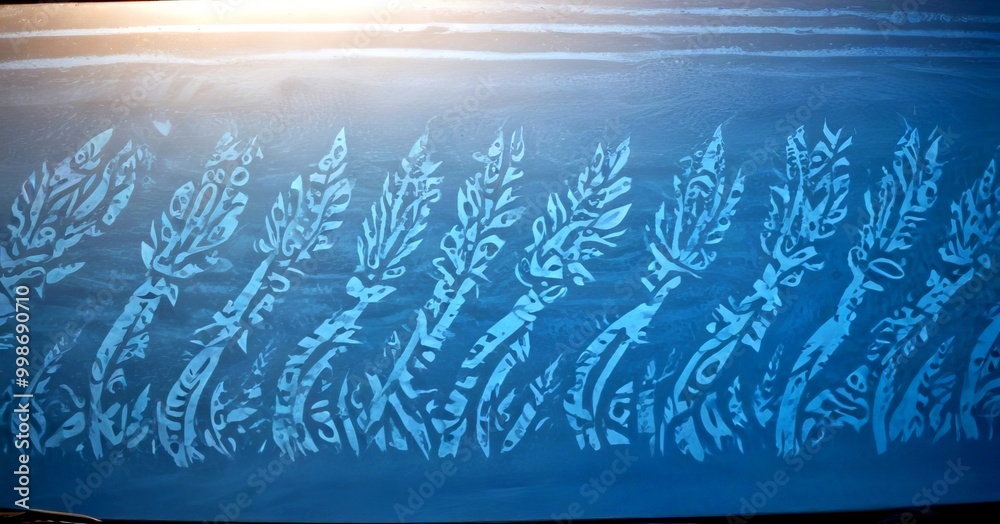 Poster a close-up view frosted glass surface with a repeating pattern of stylized floral or leaf-like desig