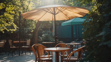 Obraz premium A large umbrella providing shade over a ca table, with chairs arranged underneath and soft sunlight filtering through.