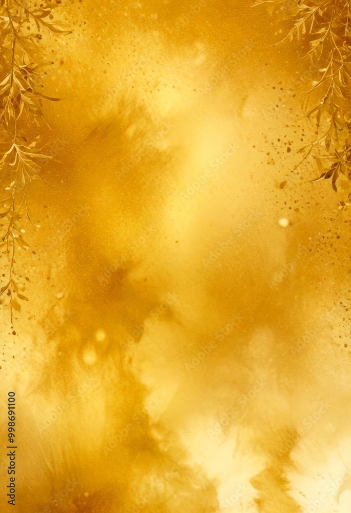 Poster a golden, textured background with a subtle, ethereal quality The top left corner is adorned with a delicate, golden floral pattern, while the top right corner is speckled
