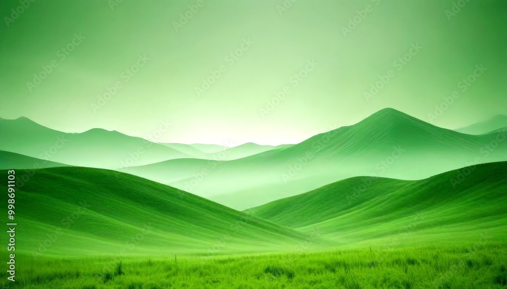 Poster a serene landscape with rolling hills and mountains in the distance, captured in a hazy green color