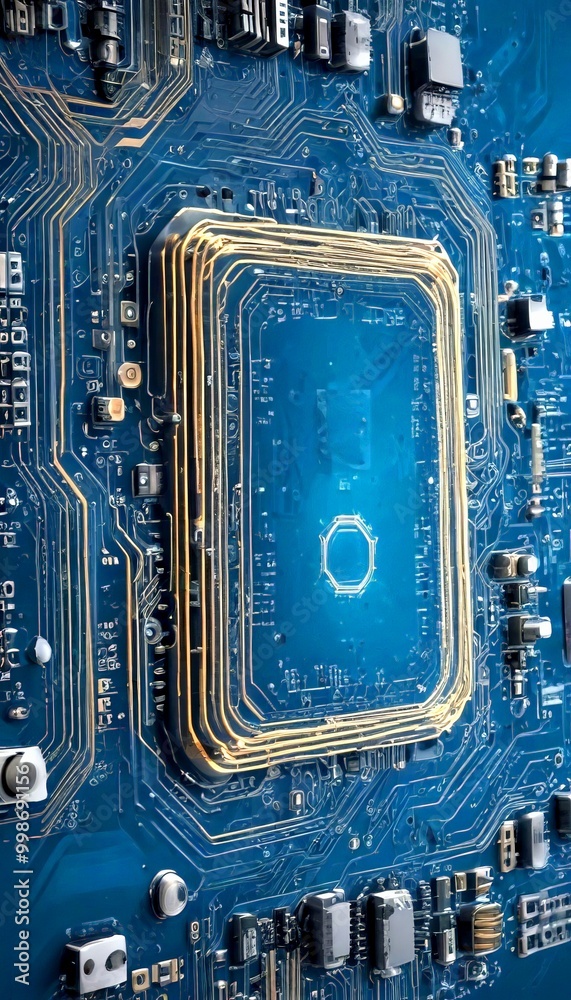 Poster a close-up view complex circuit board, with various electronic components and traces arranged in a highly detailed manner